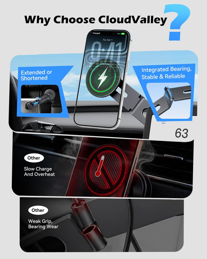 15W Charging Phone Mount for Tesla Model 3/Y, Magnetic Car Metal Holder | 360° Rotatable【Foldable & Extendable Hidden Design】 Tesla Screen Stand for 3/Y/Juniper/Cybertruck Accessories Wireless Charging