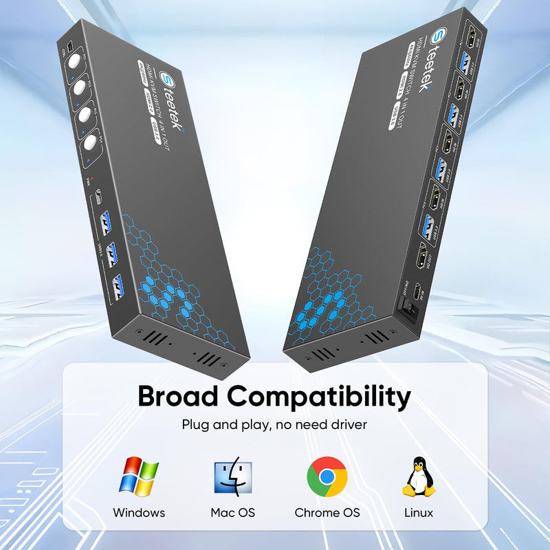 USB 3.0 HDMI KVM Switch 1 Monitors 4 Computers, 4K@60Hz KVM Switches for 4 Computers Sharing Monitor Keyboard Mouse Hard Drives Printer, with EDID Adaptive,1 HDMI Cable and 4 USB Cable