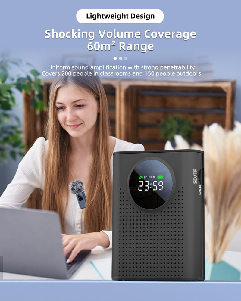 [AUSTRALIA] - Rechargeable Voice Amplifier Wireless Microphone for Teachers Classroom, Mini Lavalier Lapel Mic Clip Magnetic, Portable Bluetooth Speaker with LED Display for Class, Tour Guide, Coaches, Black Amplifier + 1 MIC 