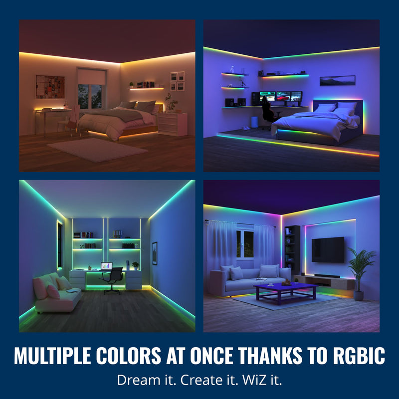 WiZ Connected 32.8 ft LED Light Strip For Your Smart Home - Flowing Multicolor LED, Color-Changing, Cuttable - Voice/App Control - Works with Google Home, Alexa & HomeKit RGBIC