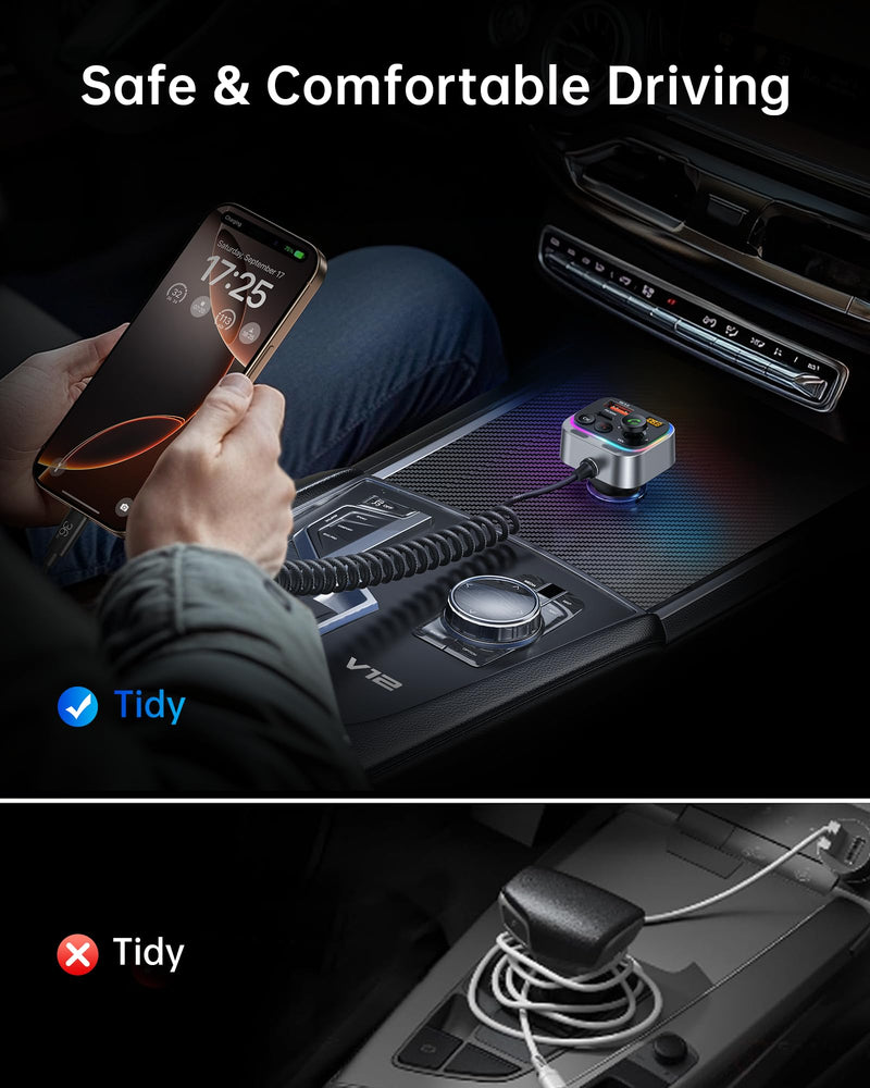 [AUSTRALIA] - Syncwire Bluetooth 5.4 FM Transmitter Car Adapter 66W PD & QC 3.0 Fast Charging with USB-C Cable Wireless Radio Adapter with Light Control, HiFi Bass, Hands-Free Calling and Strong Mics 