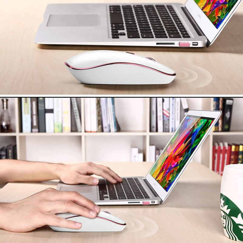 Wireless Mouse for Laptop, J JOYACCESS 2.4G Ultra Thin Silent Mouse with USB Receiver, 2400 DPI Portable Mobile Optical Cordless Mouse for Laptop,Computer,MacBook,Windows, Chromebook, PC(White + Pink) White + Pink
