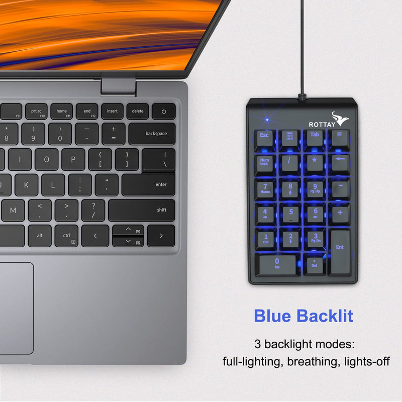 Number Pad, ROTTAY Mechanical USB Wired Numeric Keypad with Blue LED Backlit 22 Key Numpad for Laptop Desktop Computer PC Black (Blue switches)