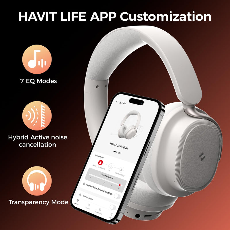 havit Noise Cancelling Headphones Over Ear, Wireless Bluetooth Headphones with 132H Playtime, Fast Charge 5 Min=5H, Foldable, Dual Device, with Mic for Travel Work Office, Gray