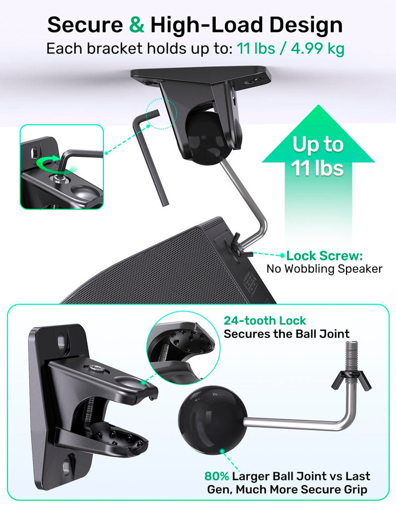Surround Sound Rear Speaker Wall Mount, Ceiling Mount Bracket for Universal Satellite, fits Thread Hole with 1/4"- 20, 5mm & 4mm Thread, Works with Roku, Samsung q990F/990D, Holds up to 11 lbs