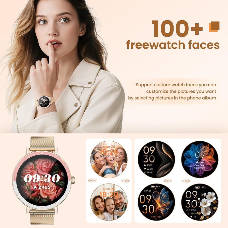 Smart Watches for Women Android/iphone, Fitness Tracker with Calls&Answer | IP68 Waterproof/Activity Pedometer/ Heart Rate/SpO2 Monitor/100+ Sports Model, Two Bands Gold Pink