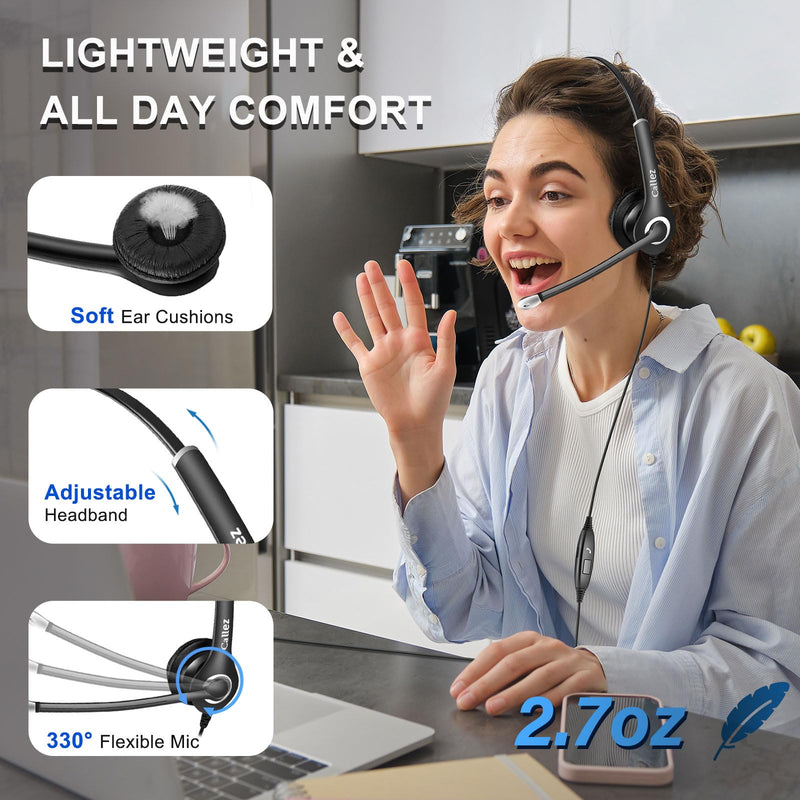 Callez Computer Headset, 3.5mm Cell Phone Headset with Mic Noise Cancelling, USB-C Wired Headphone for PC Laptop Mac iPhone Samsung Zoom Teams Call Center Home Office Work, in-line Controls Black