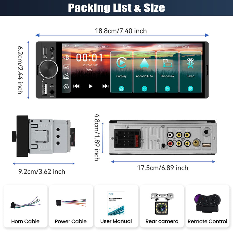 Single Din Car Stereo Radio with Wireless Carplay&Android Auto,6.28 Inch 1 Din Touchscreen Car Radio with Bluetooth FM Radio Mirror Link for iOS/Android USB/Type-C SWC Car Multimedia Player 6.28 Inch with Carplay
