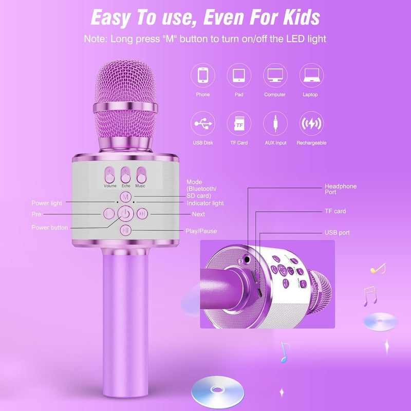 BONAOK Karaoke Microphone for Kids & Adults - Bluetooth Microphones Singing Mic with Disco Lights, Echo Effect, Built-in Speaker Portable Karaoke Player for Party Travel Gifts Q78(Light Purple) Light Purple