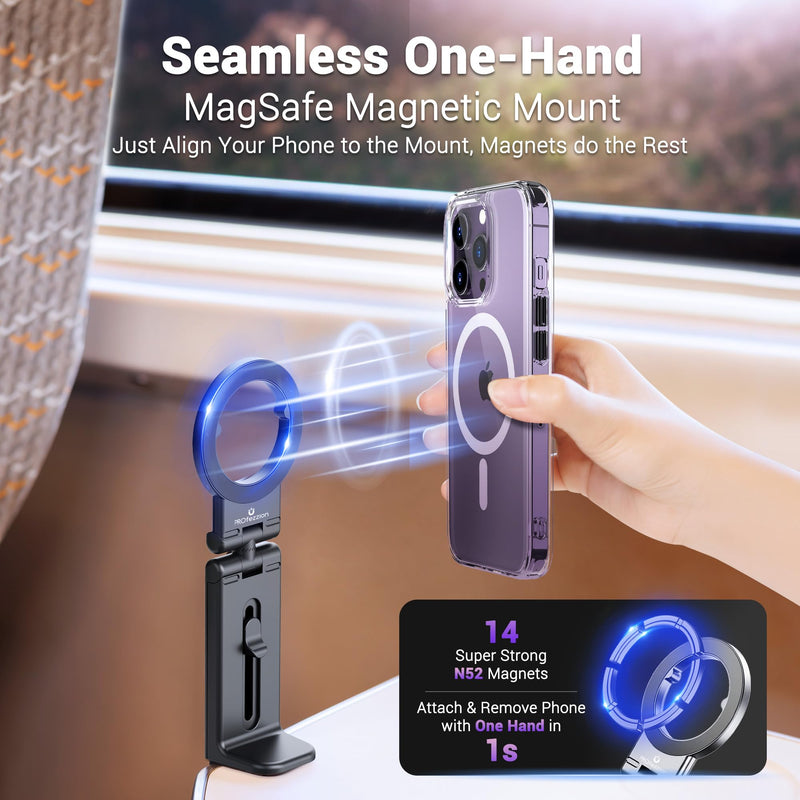 PROfezzion Magnetic Airplane Phone Holder Mount for Mag Safe, 2 Pack Black | Must Have Travel Accessory, Fits iPhone 17 16 15 14 13 12 & All Phone, 360°Rotation, for Desk/Tray Table, Foldable & Small 2 Pack-Black
