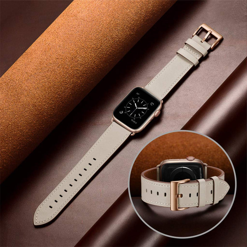 OUHENG Compatible with Apple Watch Band Genuine Leather Replacement Strap 41mm 40mm 38mm Black & Beige