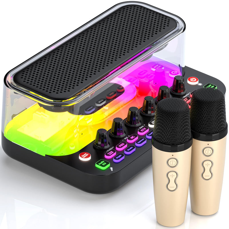 SY11 Portable Live Streaming Sound Card Mixer, Mini Bluetooth Karaoke Machine w/ 2 Wireless Microphone, RGB Lights & Voice Change Sound Effects, Easy Set up Bluetooth Audio Podcast Equipment for PS5 SY11