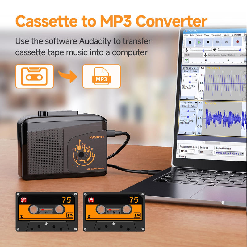 Portable Walkman Cassette Player Converter, Cassette to Digital Converter via USB, Compatible with PC/Laptops, Built-in Speaker&Headphone, Full Stereo Sound,Convert Walkman Tape to MP3/iPod Format