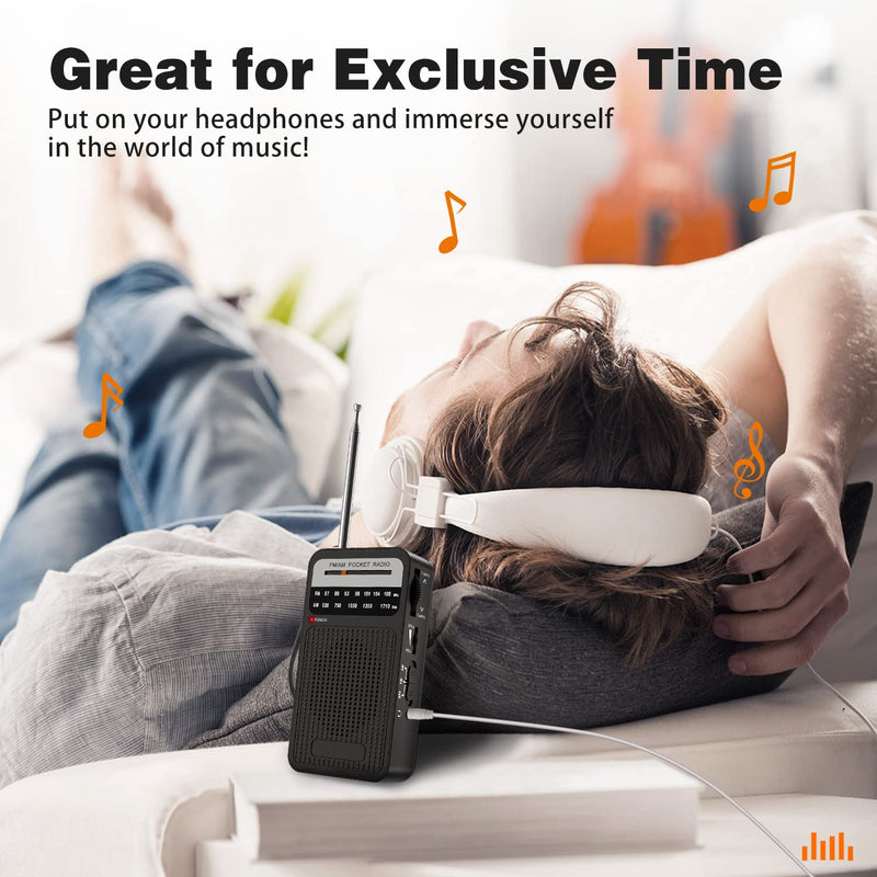 Portable Radio AM FM, Goodes Transistor Radio with Loud Speaker, Headphone Jack, 2AA Battery Operated Radio for Long Range Reception, Pocket Radio for Indoor, Outdoor and Emergency Use Black