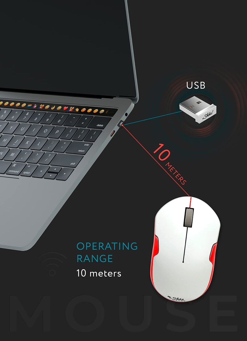 ShhhMouse Wireless Silent Noiseless Clickless Mobile Optical Mouse with USB Receiver and Batteries Included, Portable and Compact, for Notebook, PC, Laptop, Chromebook, Computer, MacBook (White/Red) White/Red