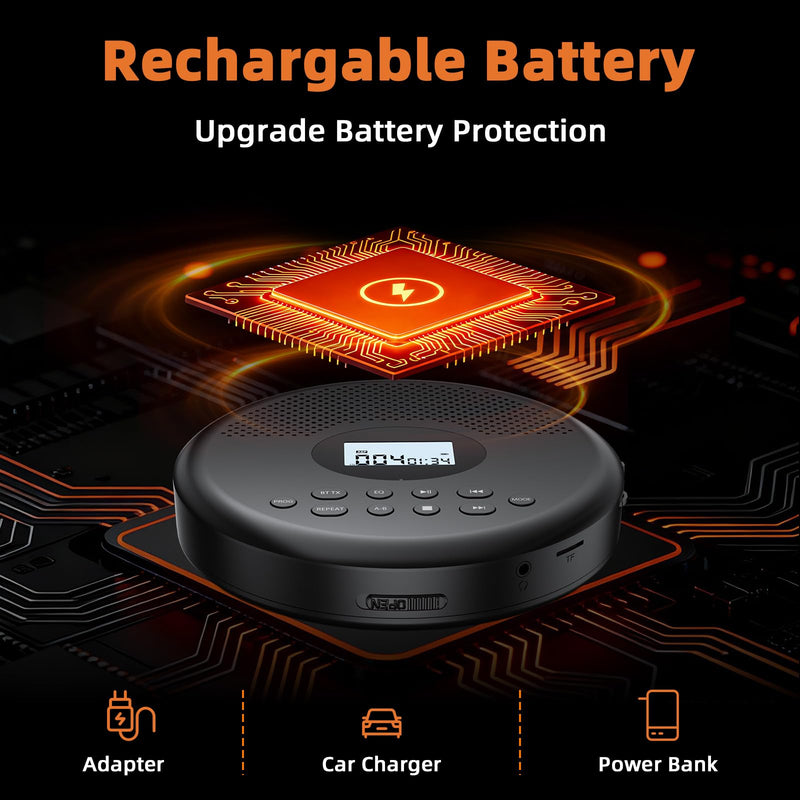 [AUSTRALIA] - Arafuna Portable CD Player with Bluetooth, Rechargeable CD Player for Car/Home with Headphones, Anti-Skip, LCD Display, AUX/TF Card Port (Black) Black 