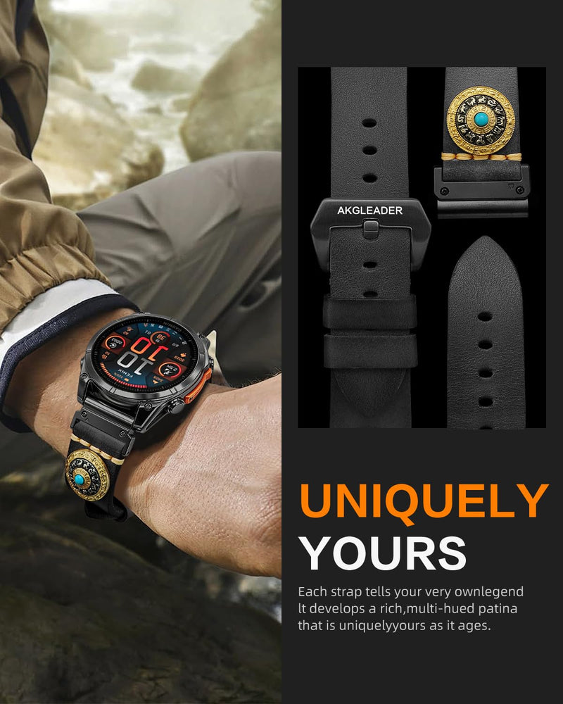 Wristpin Leather Band Compatible With Garmin Watch Band 22mm/26mm，Quickfit Retro Design Genuine Leather Band For Garmin Fenix 8/7/6 Pro/5 Plus/Tactix/MARQ/Endur/Quatix/Forerunner 935/945 Black 26mm(5.9"-8.7")
