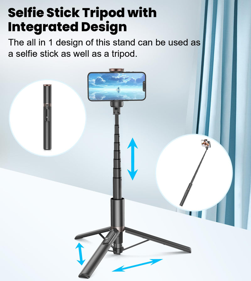 TONEOF Upgraded 60" Selfie Stick Tripod,All-in-1 Extendable Cell Phone Tripod Stand with Integrated Remote,360° Rotate Lightweight & Portable Tripod for 4-7 Inch iPhone Android/Video Recording/Travel