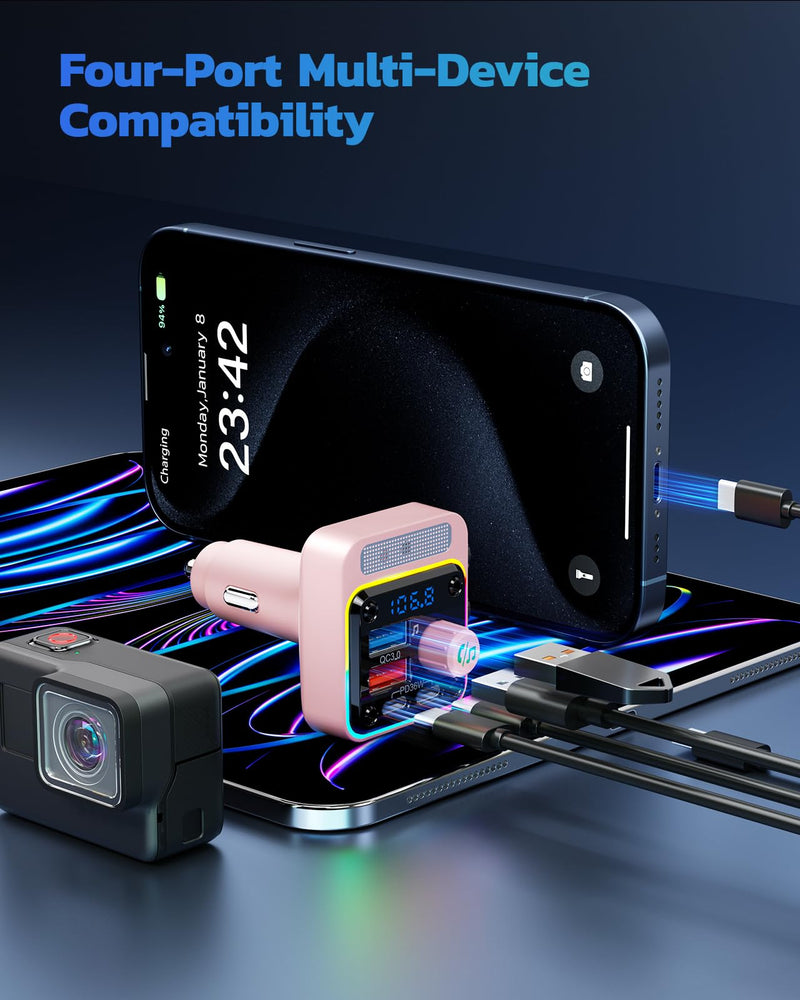 [AUSTRALIA] - Nulaxy 54W Bluetooth 5.3 Car Adapter with 4 Charging Ports [PD 36W & QC3.0 18W], Wireless Radio FM Transmitter with Deep Bass Player & 5 Colors LED Backlit, Hands-Free Calling - Pink 
