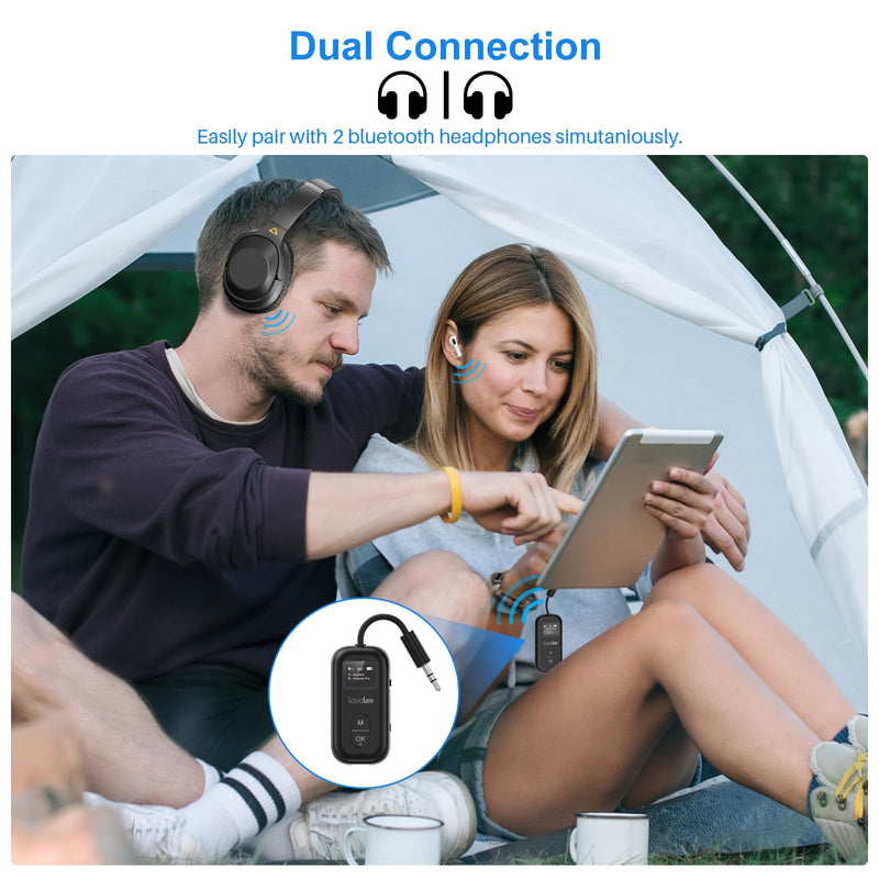 Bluetooth 5.3 Transmitter Receiver for Airplane to 2 Headphone – aptX Low Latency, 100ft Long Range, 35H Playtime, 2-in-1 Wireless Bluetooth Audio Adapter W/Screen for TV, Tablets, Speakers Black