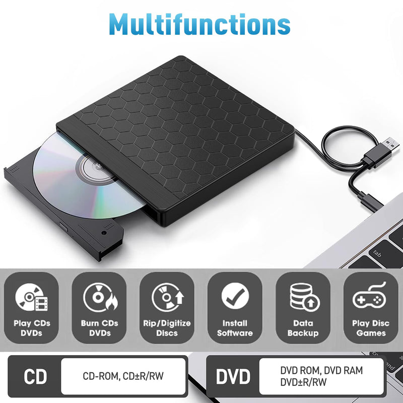 External CD/DVD Drive for Laptop, CD Burner with 2 USB Ports &TF/SD Card Slots, DVD Player for Laptop, USB 3.0 DVD Drive External CD Reader Compatible with Laptop Desktop PC Windows 11/10/8.1/7 Mac black