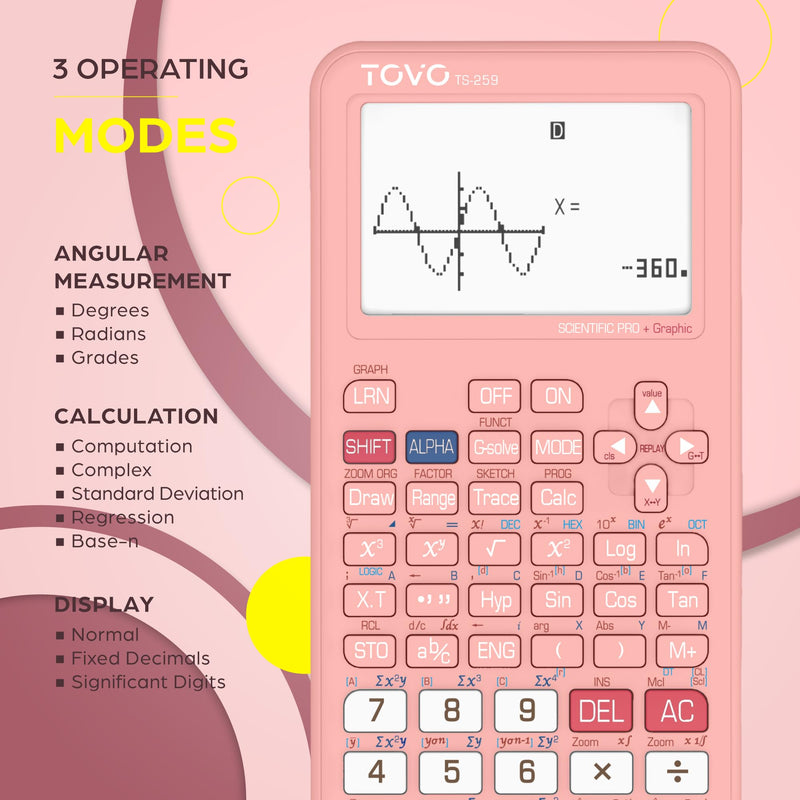TOVO Scientific Calculator with Graphic Functions, 360+ Functions Graphing Calculator for Students, Large 3" Screen Multi-Mode Scientific Calculators for High School & College, TS-259 Pink