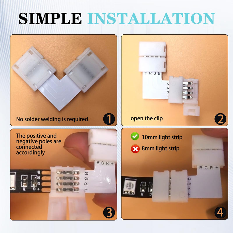 20 pieces 10 mm LED strip connector set, SMD 5050 RGB strips, includes L-shaped light strip connector, 4-pin, 4-pin gapless LED strip connector