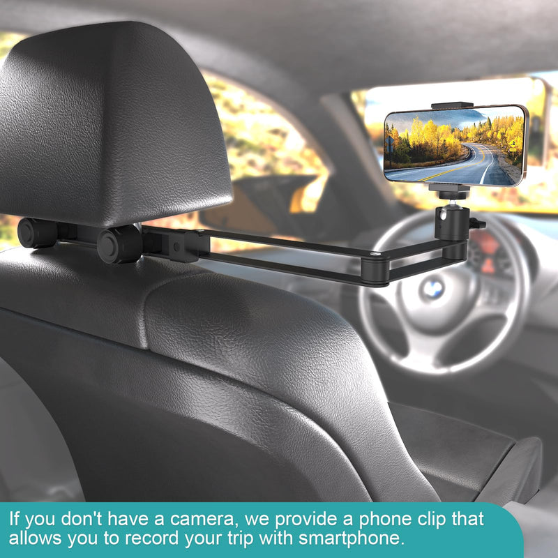 Mippko Car Headrest Camera Holder,2-Stage Aluminum Alloy Extension Foldable Arm, Double 1/4"-20 Threaded Screw Compatible with GoPro/Insta 360 / DJI OSMO Pocket3 / Mevo Start/DSLR/iPhone
