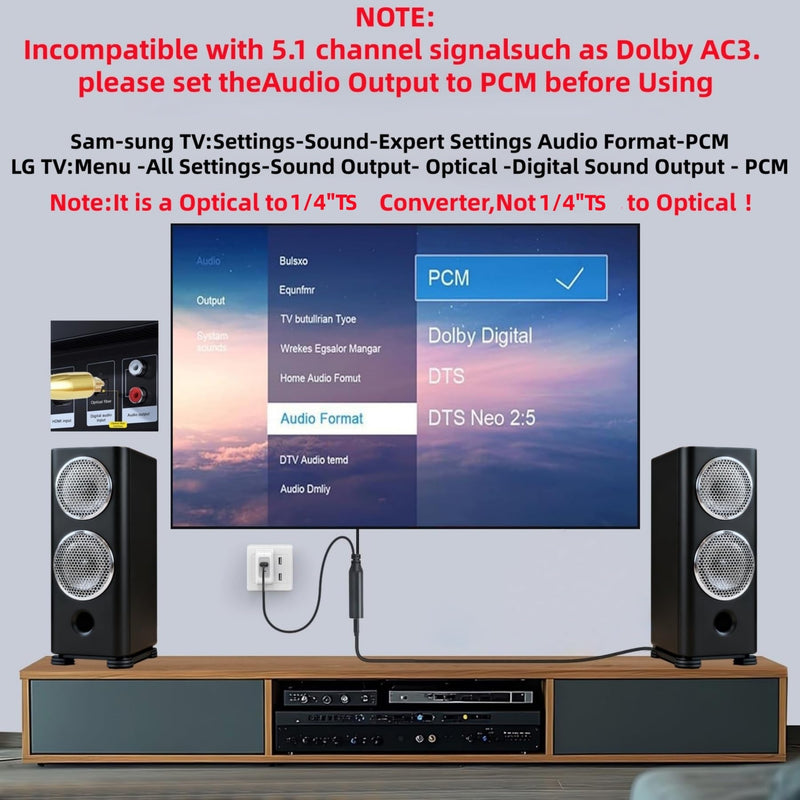 [AUSTRALIA] - 192KHz DAC Optical to Dual 1/4" TS Converter,Optical Audio Cable to Dual 6.35mm AUX Converter for HDTV DVD Set-top Boxes Out to Speaker Audio Mixer(Unidirectional O-ptical to 6.35mm) 3.3FT 