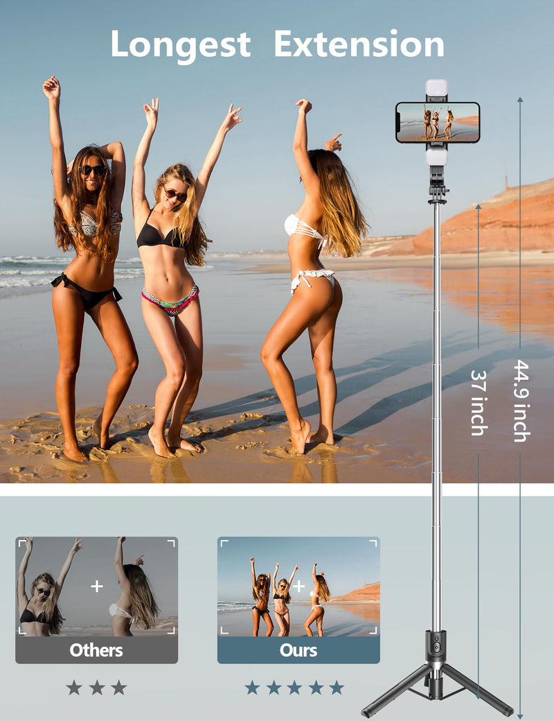 Selfie Stick Tripod with Light, 45'' Selfie Stick with Wireless Remote, Portable Phone Tripod Compatible with iPhone 15 Pro Max/15/14 Pro/14/13, Samsung S22/ S23 Ultra/Android Smartphone Black