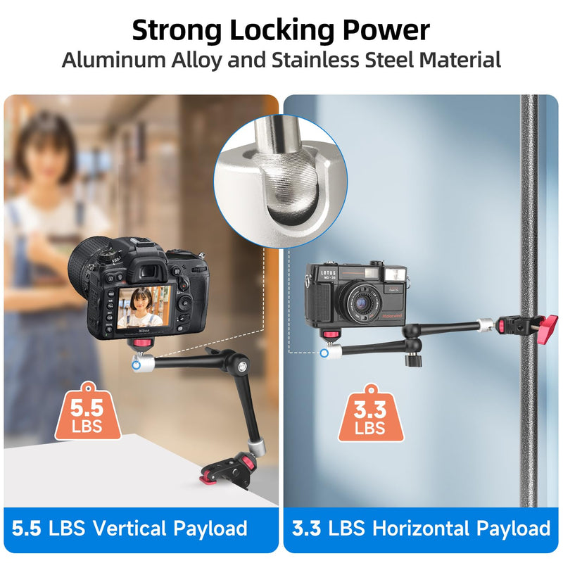 [AUSTRALIA] - HEMMOTOP 11in Magic Arm Camera Mount Clamp, Max. Payload 5.5 LBS Articulating Arm with Anti-Twist Pins, Rotatable Pads, Adjustable Friction Arm for Monitor, LED Light, Camera Video Rig MS02 11 in 