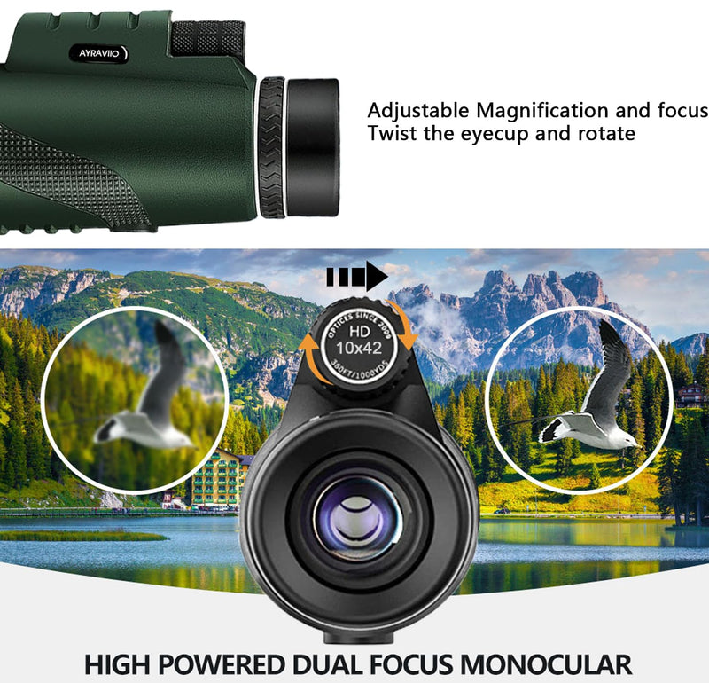 Birthday Gifts for Men Dad Him Husband Teen, 10×42 Monocular Telescope for Adults, High Powered FMC & BAK4 Scope, Compact Monocular, White Elephant Gift, Outdoors Survival Hiking Gear for Adventure GREEN