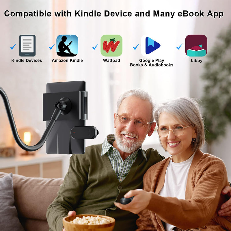 Gooseneck Tablet Holder for Kindle Reading in Bed with Page Turner Remote, Hands Free Desk Bedside Lazy Arm Stand for Kindle Accessories, Gifts for Readers Glossy Black