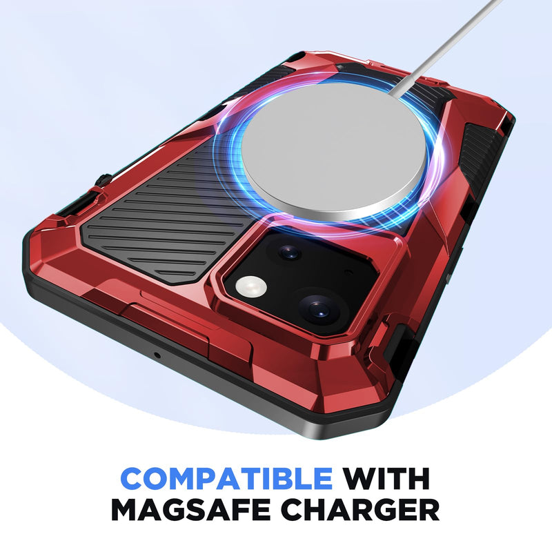 Beasyjoy for iPhone 14 Waterproof Case, Metal Heavy Duty Case with Built-in Tempered Glass Screen Protector, Military Grade Shockproof Full Body Protection, Rugged Phone Case for iPhone 14, Red Red-Mag