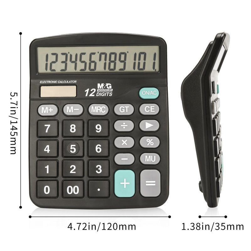 M&G Desk Calculator 12 Digit Office Calculators with Large LCD Display, Dual Solar Power and Battery, Recessed Big Button Calculator for Office Home School (Black) Basic