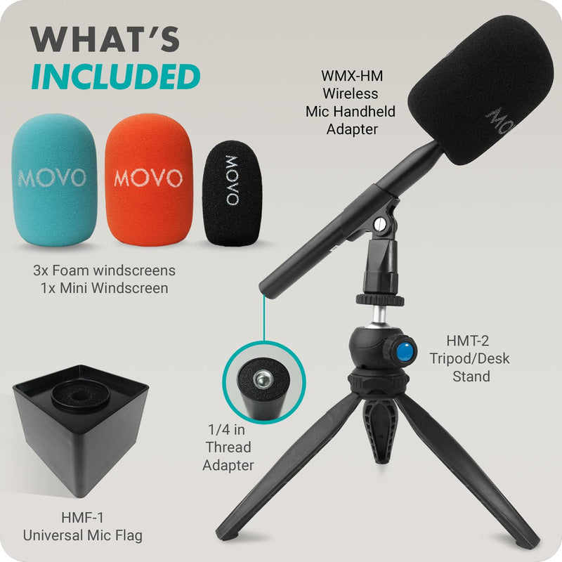 Movo WMX-HM Wireless Interview Microphone Adapter w/Mic Flag and Mic Stand - Compatible with DJI Mic, Rode Wireless GO, Hollyland Lark, and More - for Podcasting, Interviews, and Content Creation