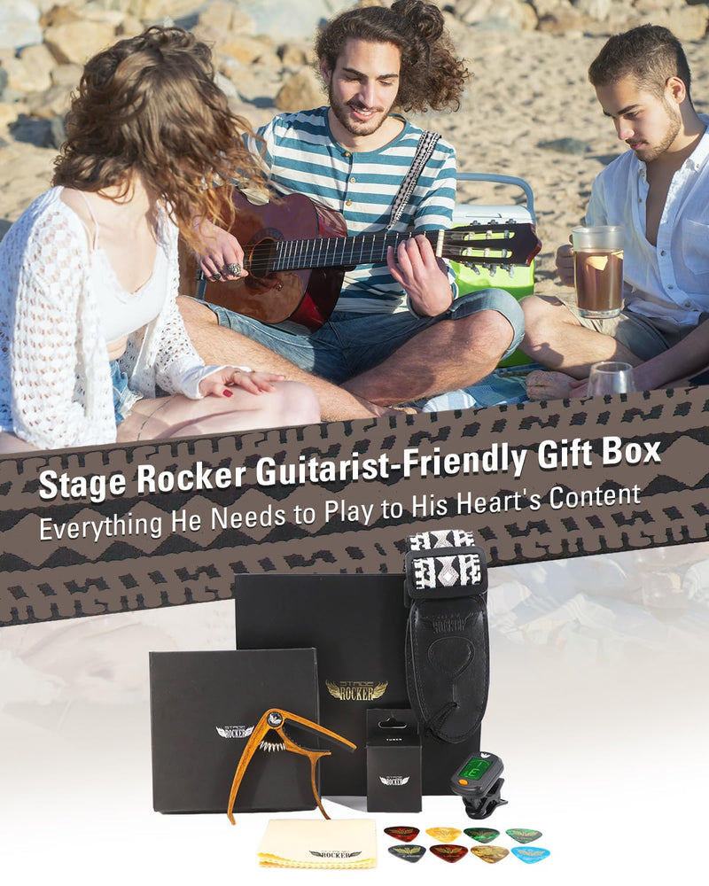 Guitar Accessories Gift Box for Acoustic and Electric Guitars, Black & White Jacquard Weave Guitar Strap, Picks, Capo, Tuner, Cleaning Cloth, 5-in-1 Essential Gift