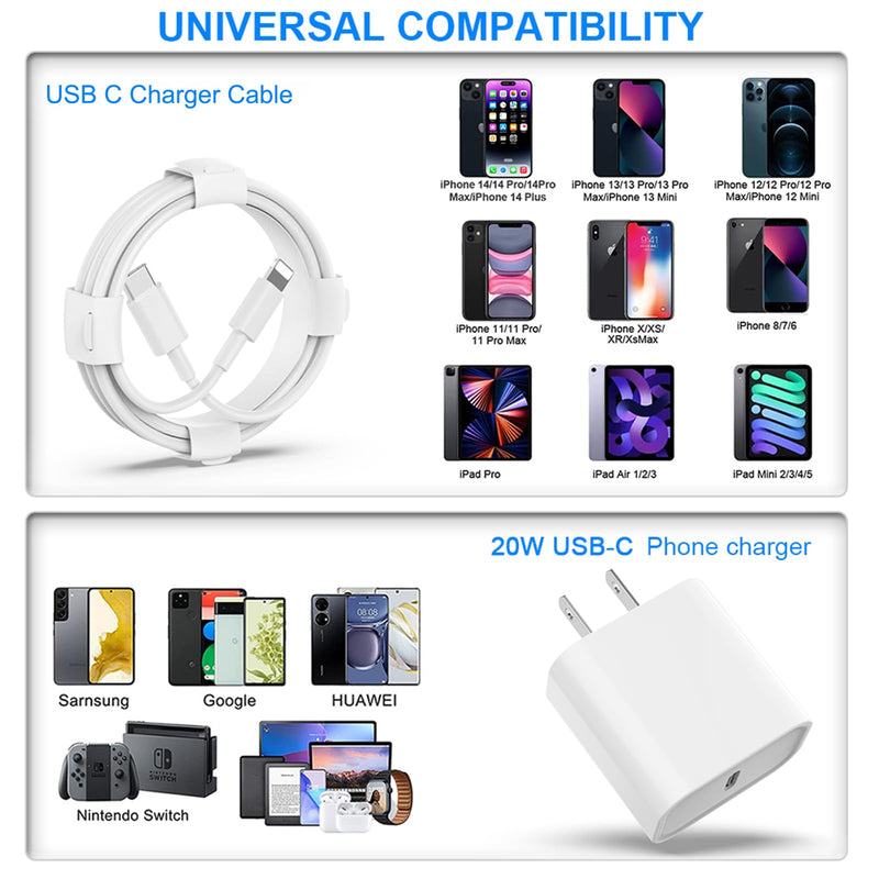 USB C Charger iPhone Charger Fast Charging 3Pack 20W Type C Wall Charger Block with 6FT Long USB C to Lightning Cable Compatible with for iPhone 14Pro/13 Pro/12/12 Pro Max/11/XS Max/XS/XR/X/8 White