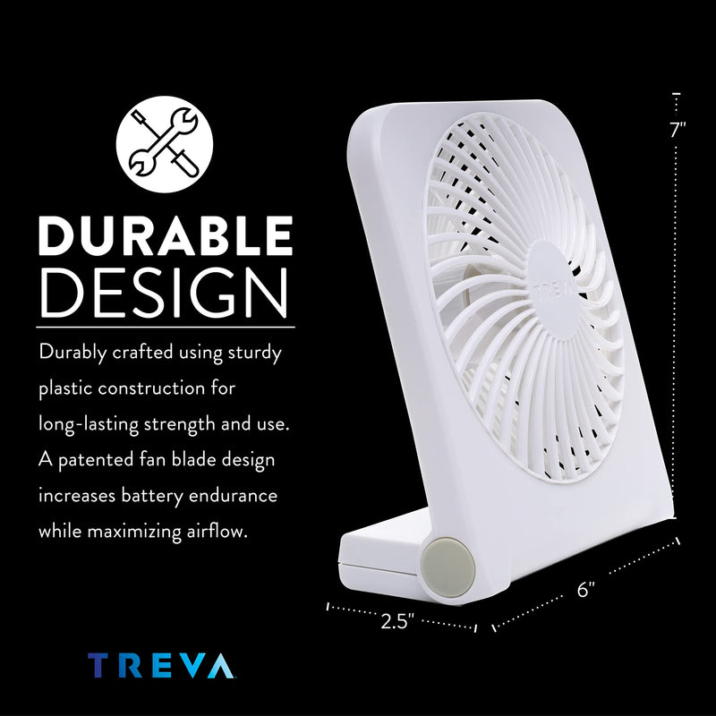 Treva 5-Inch USB And Battery Powered Desk Fan, With 2 Cooling Speeds And Adjustable Tilt (White)