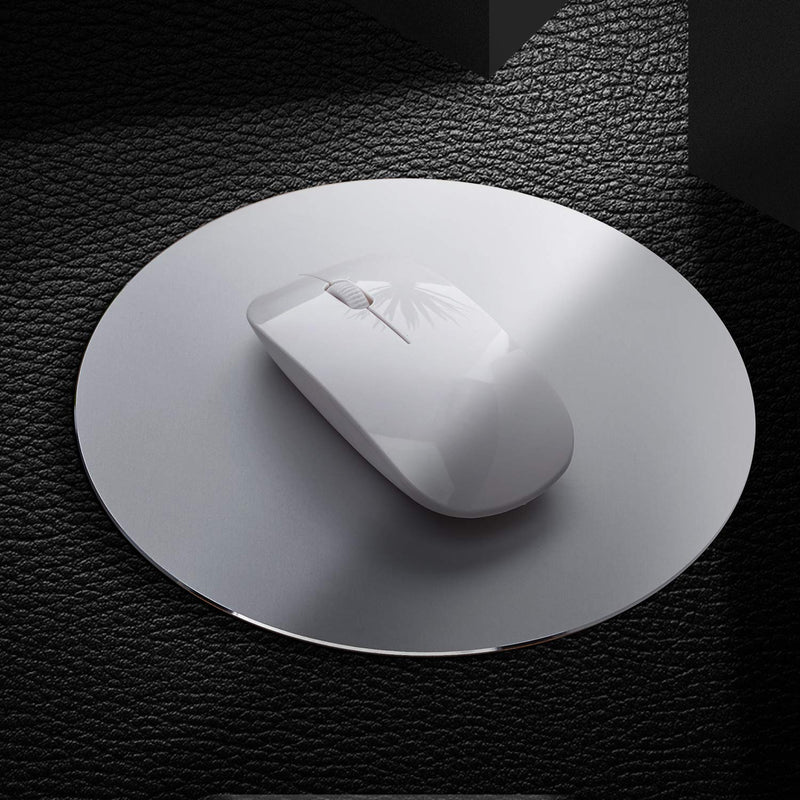 DSKKWS Metal Aluminum Mouse Pad, Office Thin Hard Mouse Mat Leather Surface Double Side Precision Silver and Black Mouse Pads for Fast and Accurate Control(Round) Silver Round