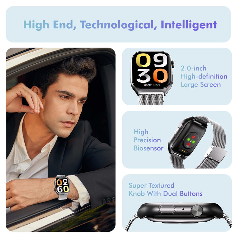 YMS Android Smart Watch for Women - Bluetooth Call,Compatible with Android & iOS，2.0" HD, Heart Rate/Sleep/Step Tracker, 100+ Sports Modes,IP68 Waterproof Men Fitness Tracker (Silver(Milanese)) Silver