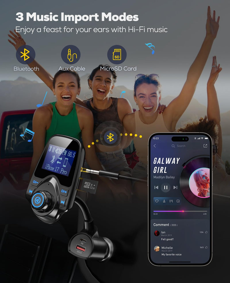 Nulaxy [2026 KM18 Upgraded Version] 48W Bluetooth 5.4 Car Adapter with Fasting Charging Ports [PD 30W & QC3.0 18W], Supports Hands-Free Call, 1.44" Screen Wireless Radio FM Transmitter, Black