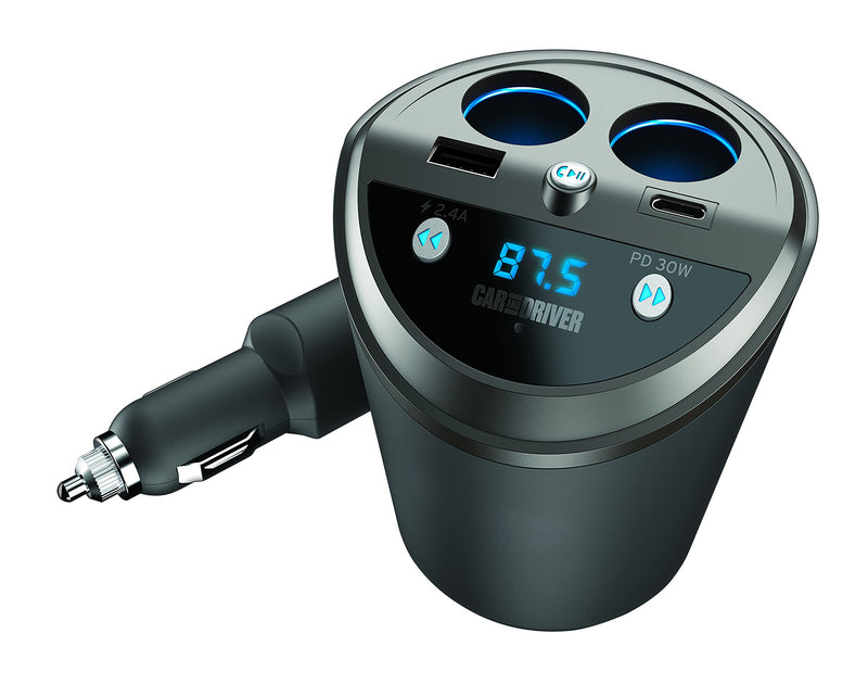 Car and Driver Smart FM Transmitter Bluetooth Cup Holder, Compatible with Alexa, Siri, and Google Assistant for Car, Dual USB-A and USB-C PD Fast-Charging Ports and Cigarette Lighter 12V Power Sockets 6057