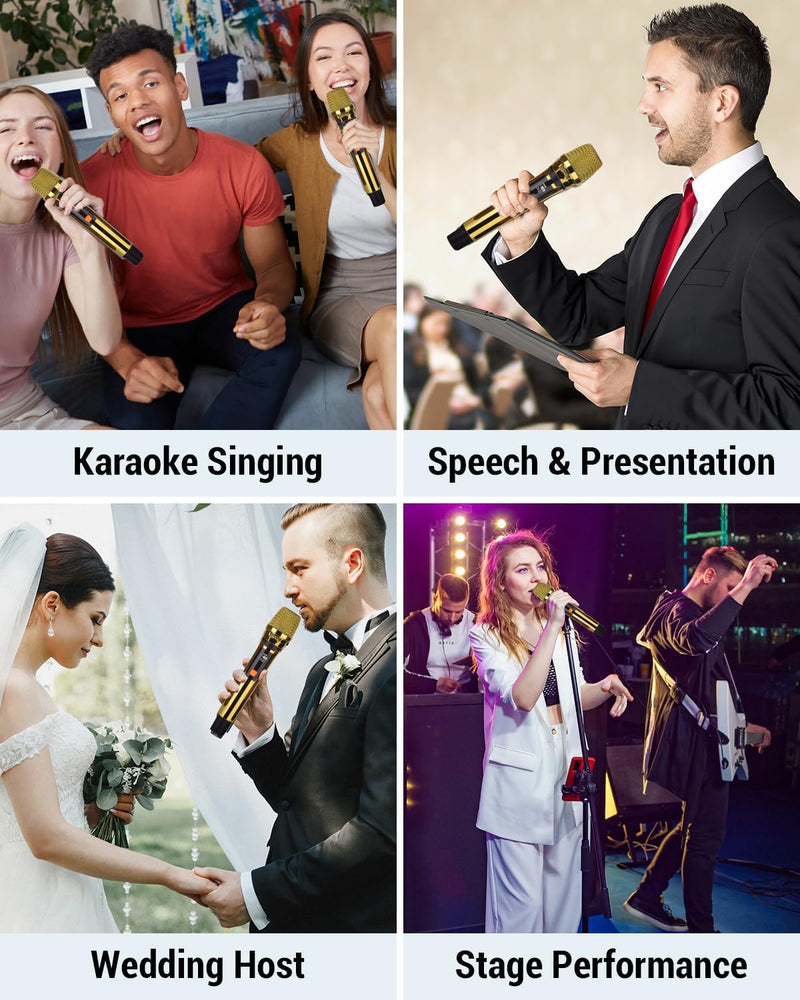 Handheld Wireless Microphone, Rechargeable UHF Microphone, 200Ft, Plating Gold 2 MIC,Handheld Dynamic Wireless Mic for Large Stage Singing Karaoke Wedding DJ Party Speech Church Class Use PA System Golden 2-Mic