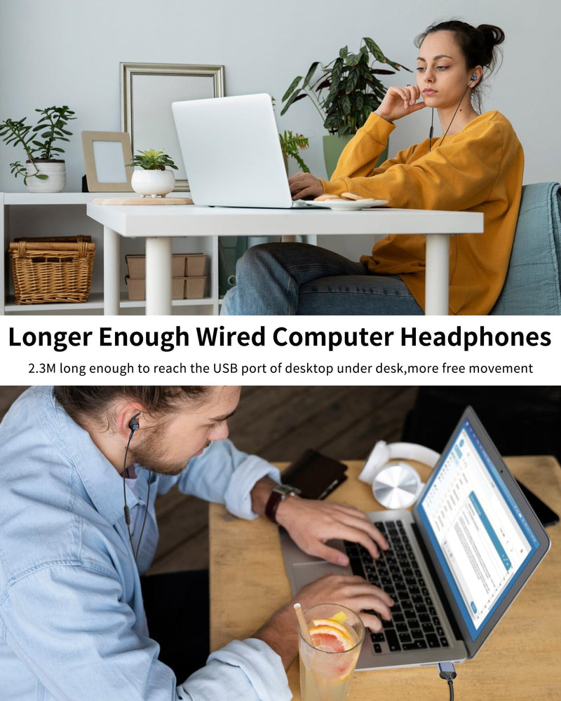 [AUSTRALIA] - USB Earbuds with Microphone for PC Laptop,Wired USB A Headphones with Mic& Earfins Hook for Computer Office Work,7.5ft Noise Canceling Stereo Computer Headset for Dell/HP/Chromebook Game School,Black Black Blue 