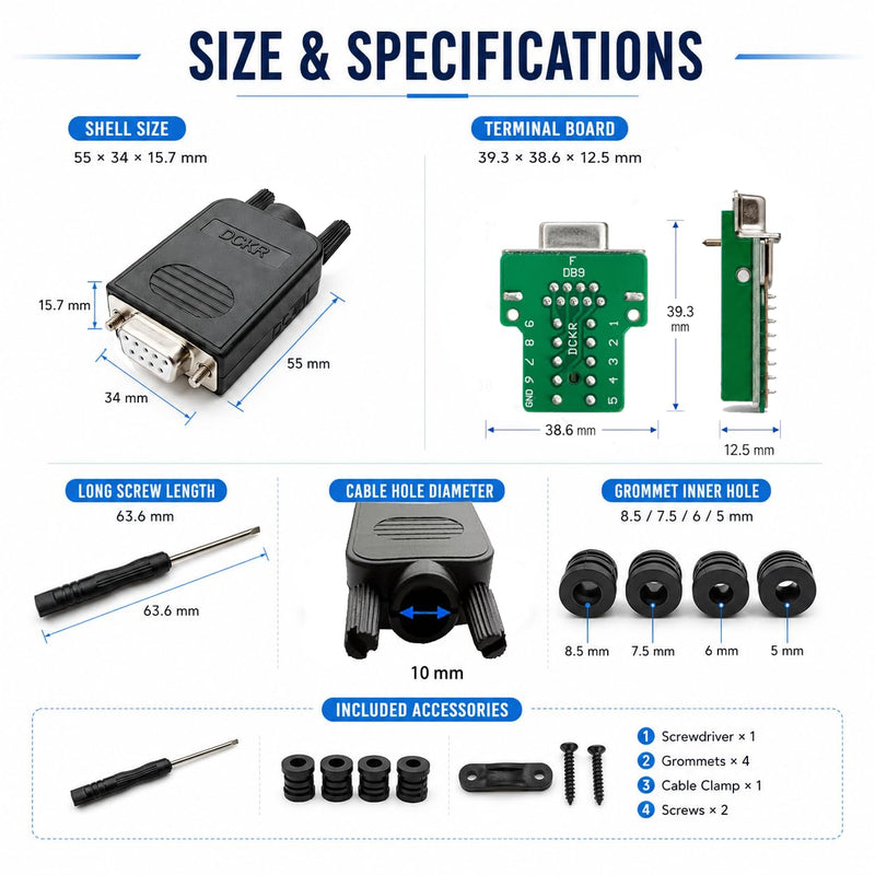 UHUZZ 1PCS DB9 Female Breakout Connector, Solderless 9-Pin D-Sub RS232 Serial Adapter with Screw Terminals, Protective Housing, Long Screws and Tail Pipe for PLC, Modem, Industrial Equipment 1 pcs