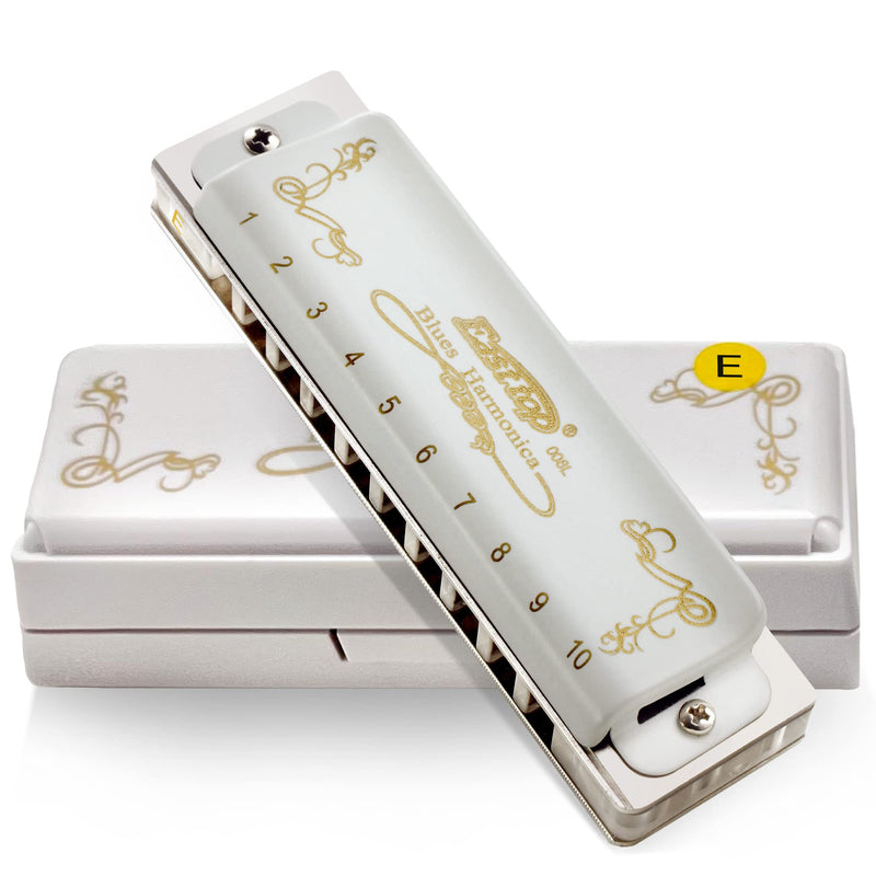 East top Blues Harmonica, 10 Holes 20 Tones Diatonic Blues Mouth Organ Harmonica Key of E with White Cover, T008L Harmonica for Adults, Professionals and Students