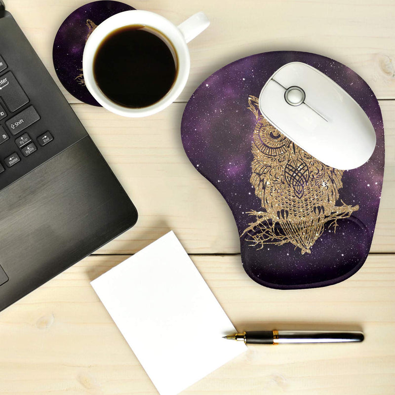 2 Pack Gaming Mouse Pad and Coaster, Ergonomic Mouse Pad with Wrist Support Gel, Non-Slip PU Base, Easy Typing Pain Relief Effect, Suitable for Office and Home (Starry Owl) Starry Owl