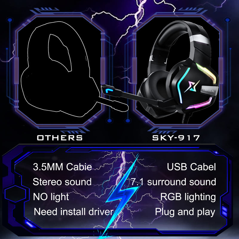 targeal Gaming Headset with Microphone for PC PS5 PS4 Switch Laptop Mac, USB Wired 7.1 Surround Sound Gaming Headphones with Omni-Directional Noise Canceling Mic, RGB LED, Without Type C Cable SKY-917