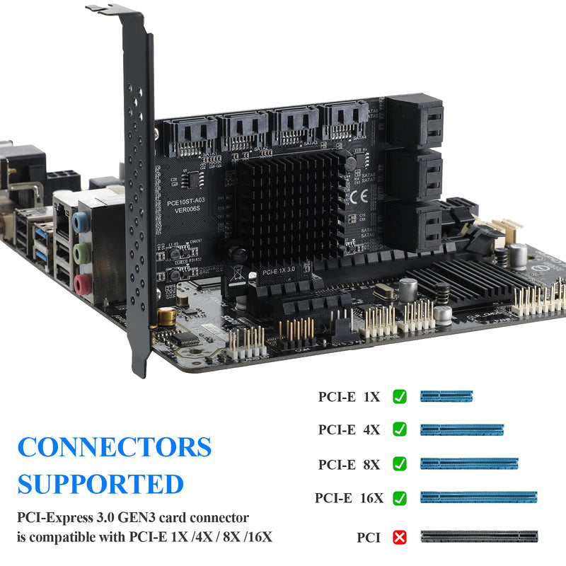 PCIE SATA 10Ports Card, PCI-E to SATA3.0 6Gbps, SATA Controller, PCI Express Expansion Card with 10 SATA Cable, Compatible with WIN8/WIN10/Ubuntu